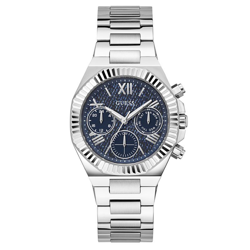GUESS GW0769L1 silver tone multi-function ladies watch with navy blue chronograph dial