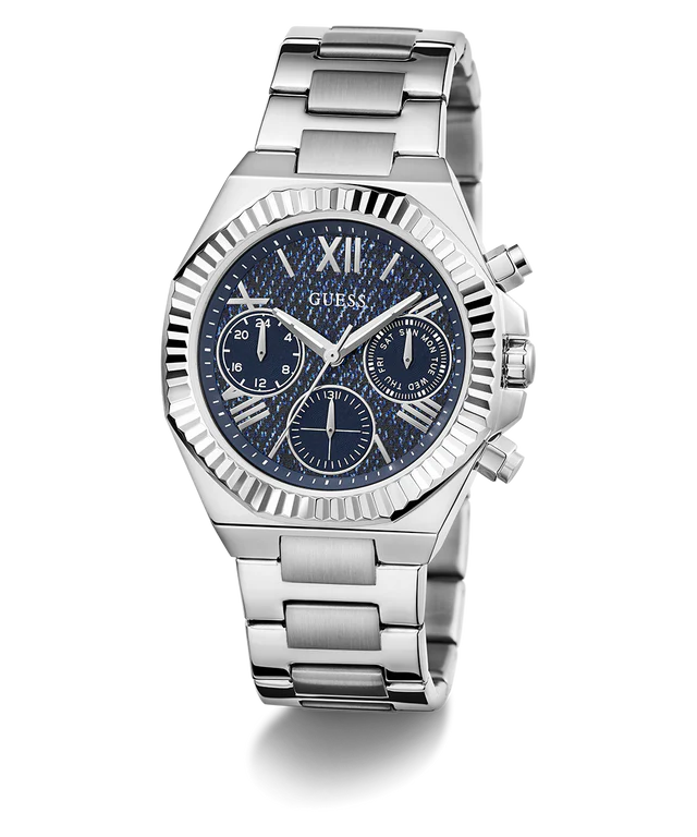 GUESS GW0769L1 ladies chronograph watch with silver bracelet and navy dial front view