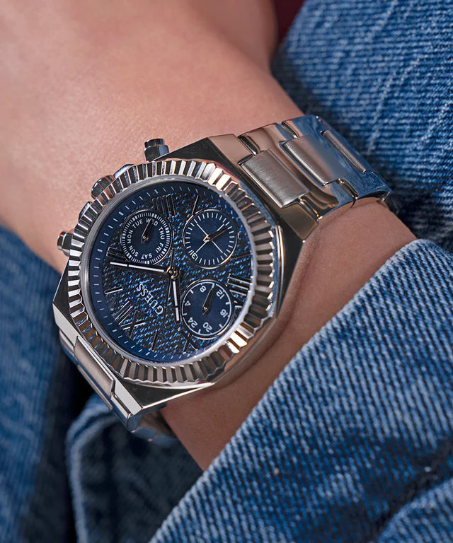 GUESS GW0769L1 chronograph ladies watch worn on wrist showing navy dial and silver tone case