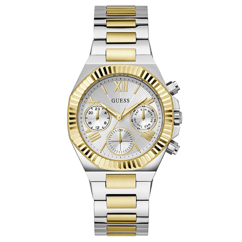 GUESS 2-tone multi-function ladies watch with white dial, chronograph subdials, gold and silver bracelet
