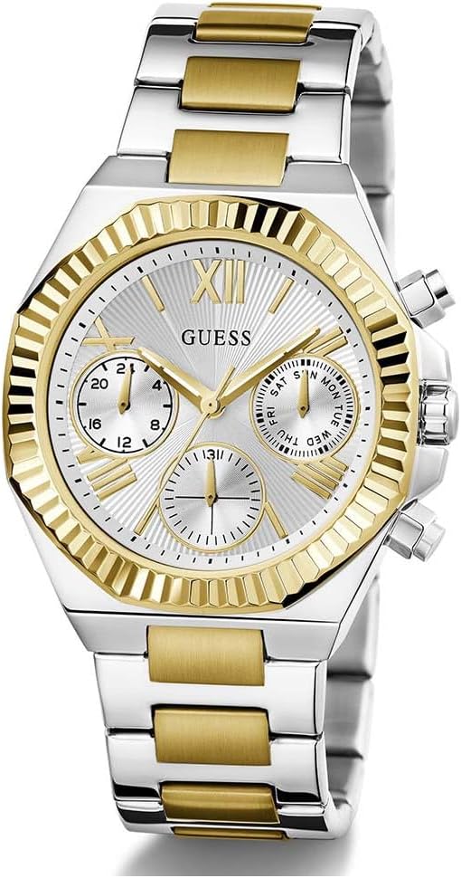 GUESS GW0769L3 two-tone chronograph watch angled view showing dial and bracelet