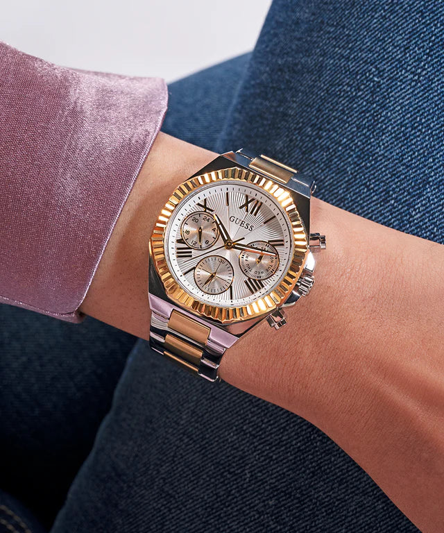 GUESS GW0769L3 two-tone multi-function watch worn on wrist showing dial and bracelet