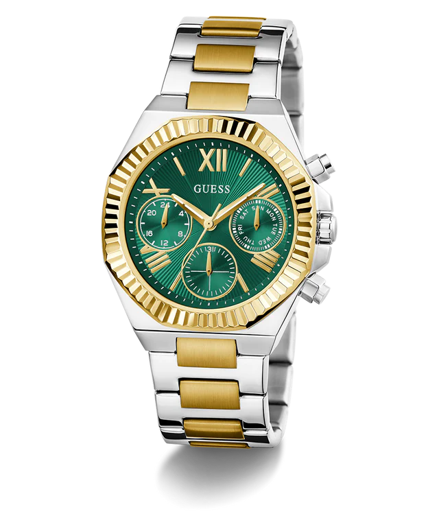 GUESS GW0769L4 watch at angle showing 2-tone bracelet and green chronograph dial