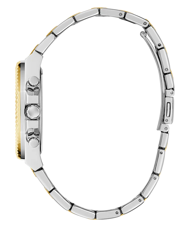 GUESS GW0769L4 watch side view showing case profile and 2-tone bracelet links