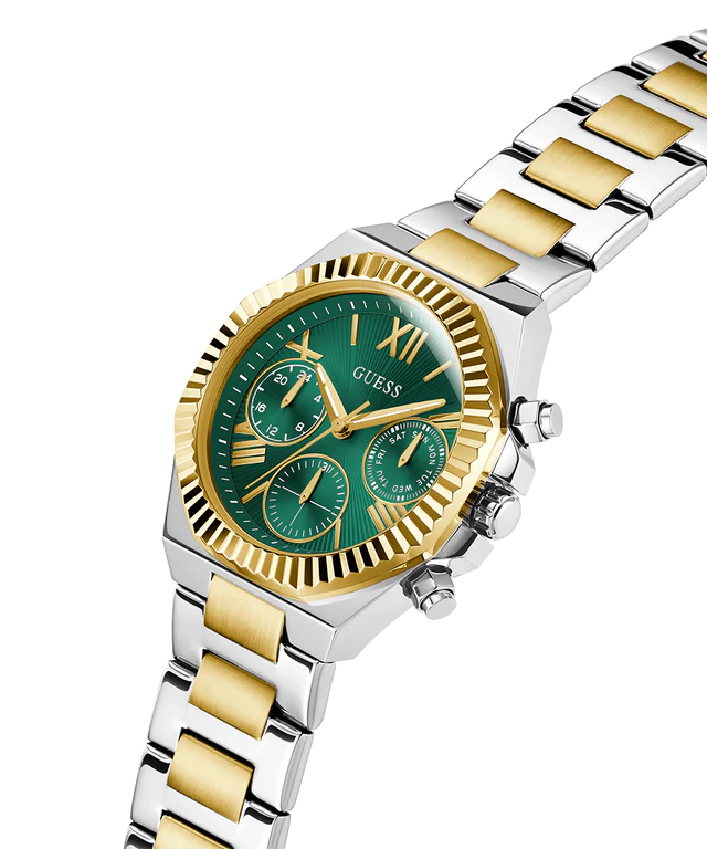 GUESS GW0769L4 2-tone women's watch on wrist showing green dial and chronograph subdials