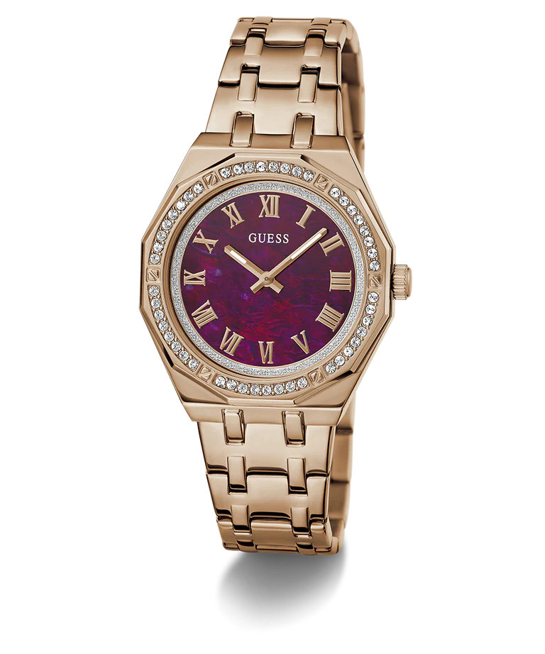 GUESS GW0770L3 rose gold watch at angle showing purple dial and bracelet
