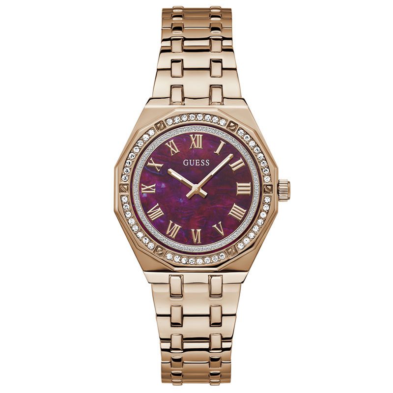 GUESS rose gold ladies watch with purple dial and crystal-set bezel, front view