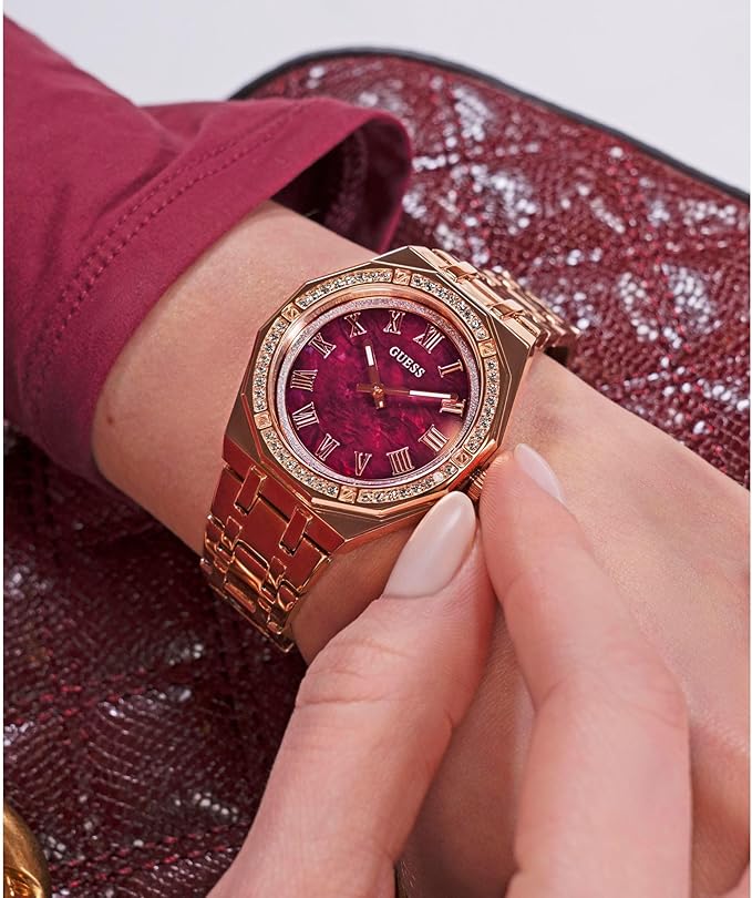 GUESS GW0770L3 ladies watch on wrist showing crystal bezel detail