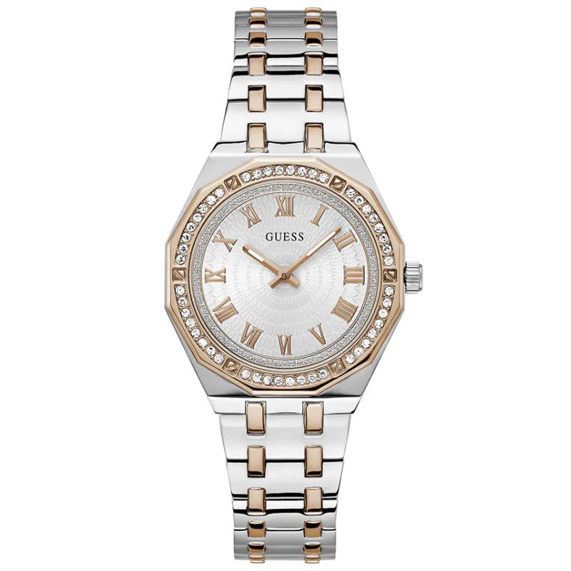 GUESS 2-tone women's analog watch with crystal bezel, white dial and Roman numerals