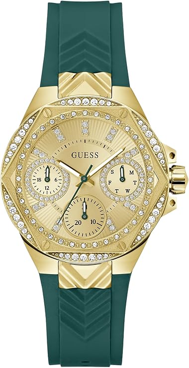 Gold-tone multifunction watch with green silicon strap and crystal-set bezel