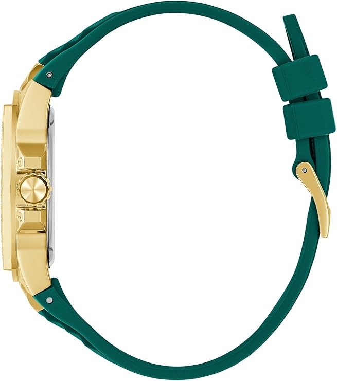 Side view of two-tone watch with gold case and adjustable green silicon band