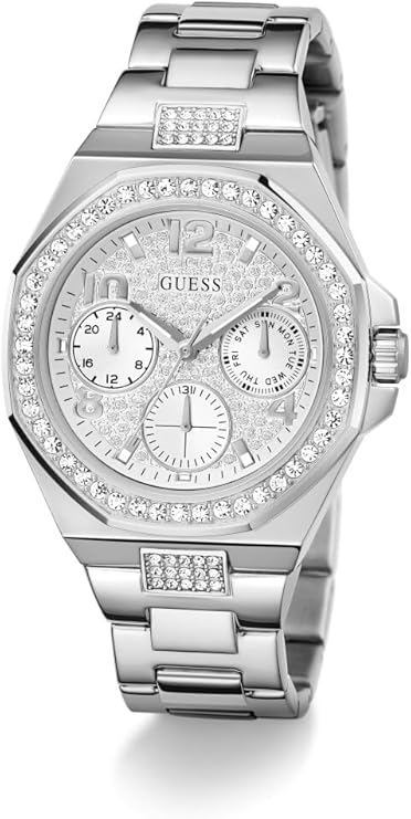 GUESS GW0777L1 multi-function watch at angle showing silver tone case and bracelet