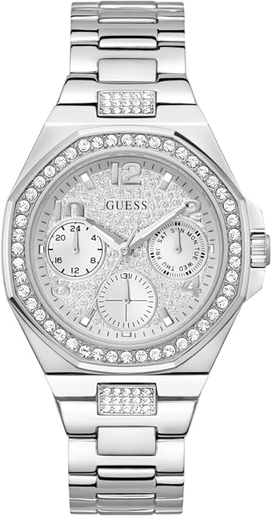 GUESS GW0777L1 silver tone watch with crystal bezel and chronograph dial