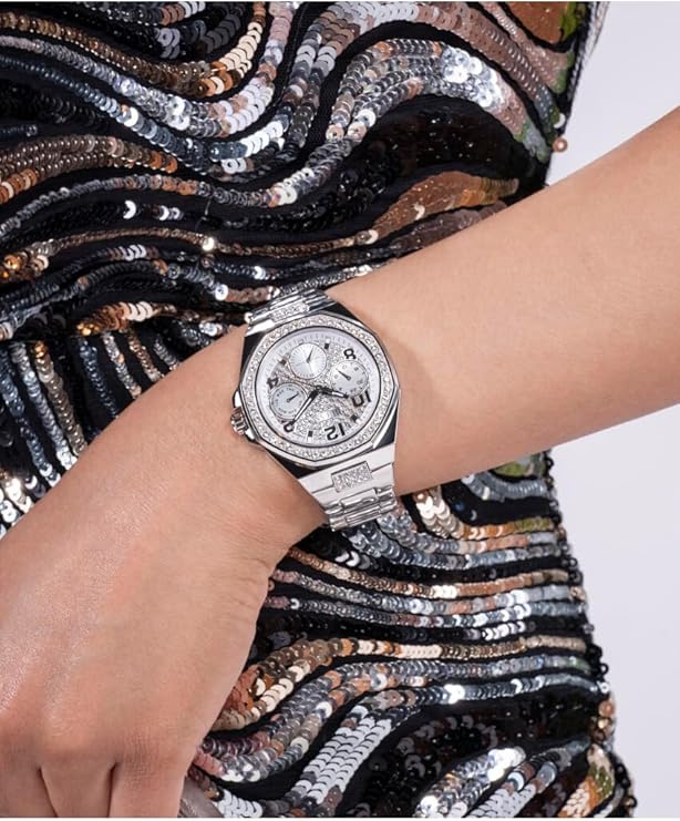GUESS GW0777L1 chronograph watch styled on wrist with sequined accessory