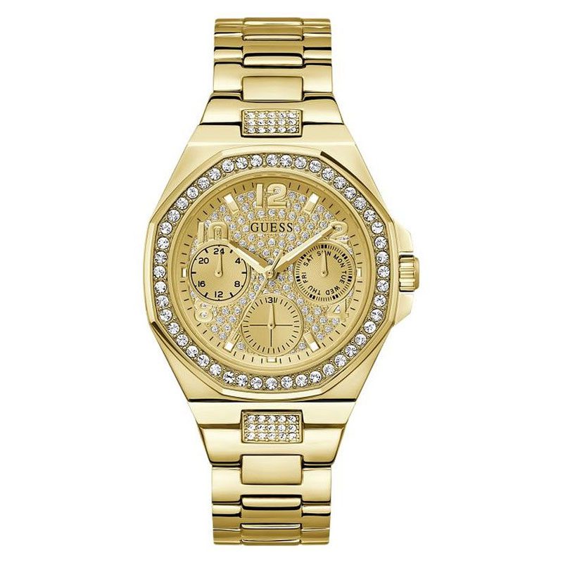 Guess gold stainless steel women's chronograph watch with crystal bezel and gold dial