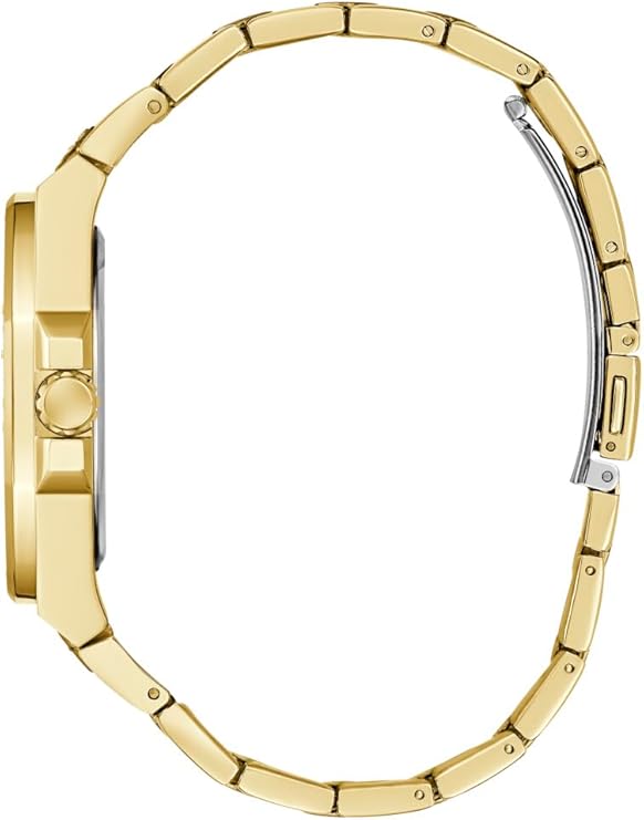 Guess gold stainless steel watch shown from side angle with link bracelet