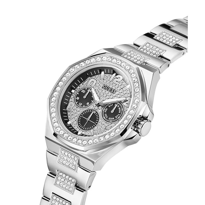 Guess GW0785G3 angled view of silver watch with crystal-decorated bezel and subdials