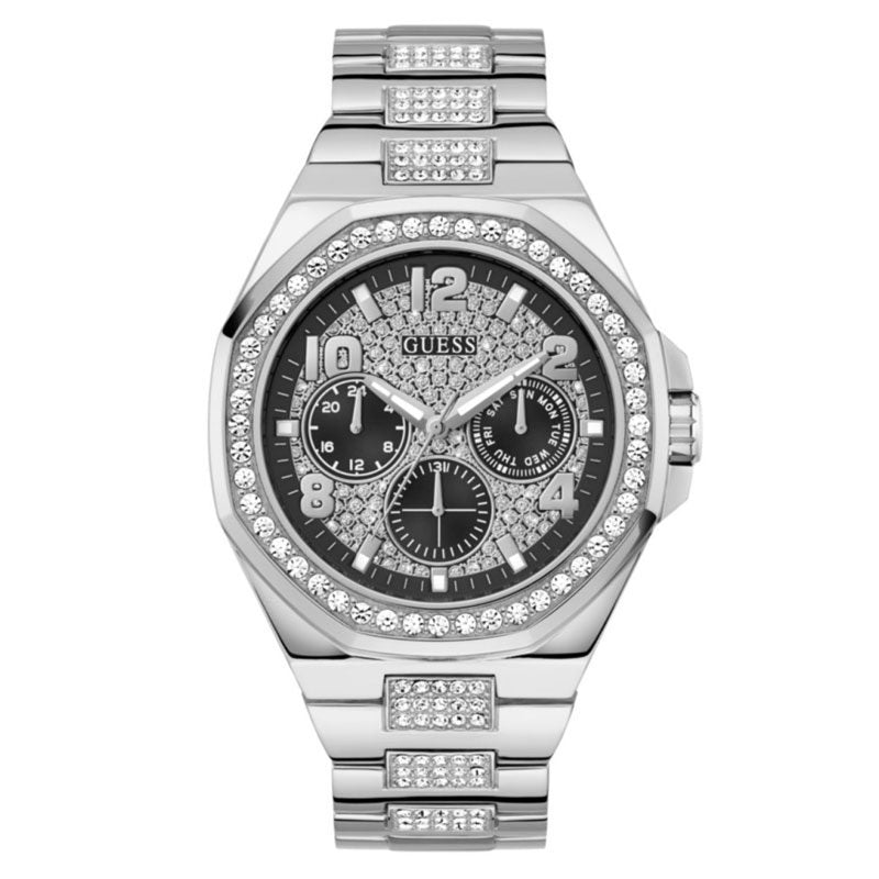 Guess GW0785G3 silver stainless steel men's watch with crystal-set bezel and silver and black dial
