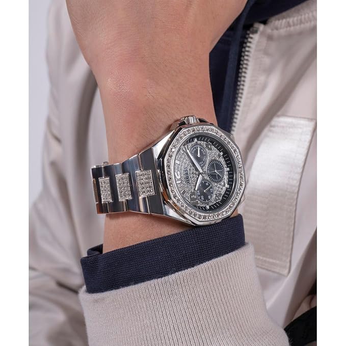 Guess GW0785G3 men's watch worn on wrist showing 46mm silver dial and crystal-set bezel