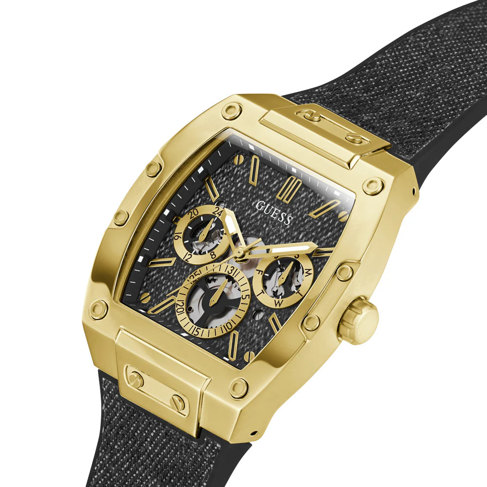 Guess GW0786G1 side angle view showing gold case with black silicone strap and chronograph subdials