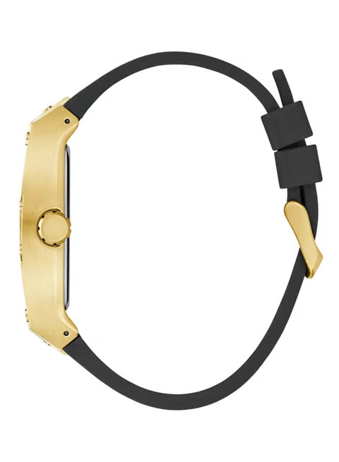 Guess GW0786G1 gold stainless steel watch worn on wrist with black silicone strap