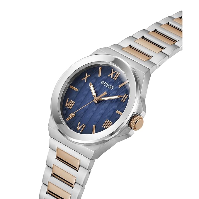 GUESS GW0789G4 watch angle view highlighting 2-tone silver and rose gold bracelet