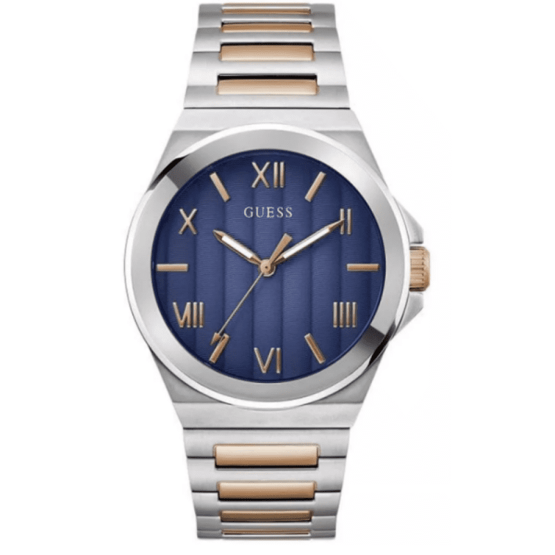 GUESS GW0789G4 men's watch with blue dial, roman numerals, and 2-tone steel bracelet