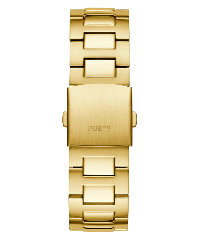 GUESS gold tone watch caseback showing bracelet connection and GUESS engraving
