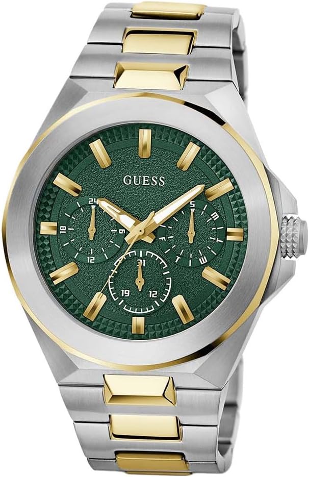 GUESS 2-tone watch at angle showing green dial, silver and gold case