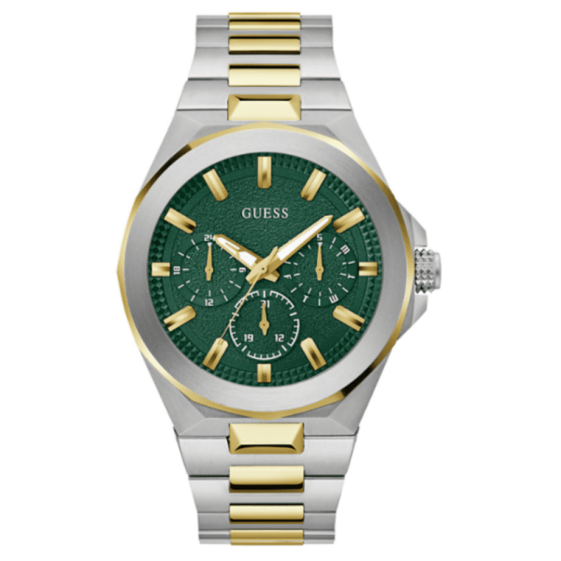 GUESS 2-tone men's watch with green chronograph dial and gold indices