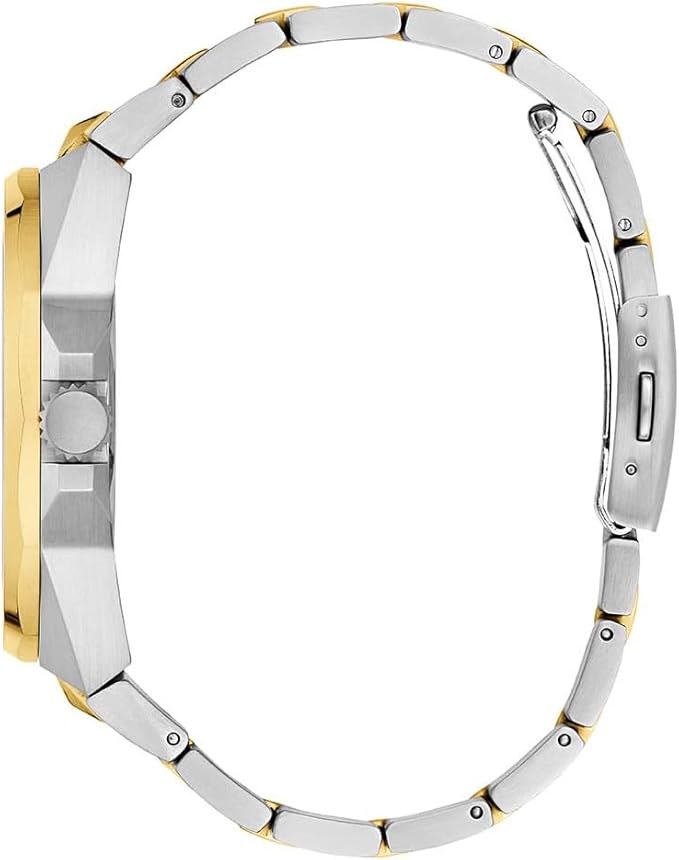 GUESS watch side profile showing case depth and two-tone bracelet