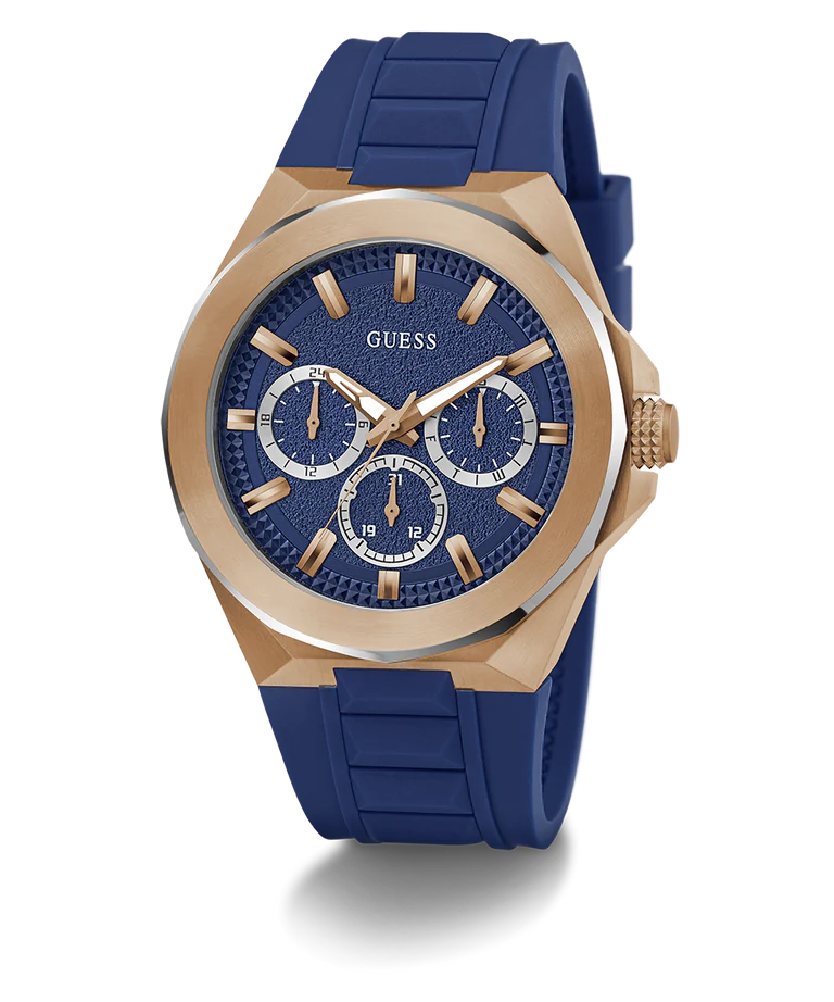 GUESS GW0799G2 watch angled view showing blue dial and rose gold chronograph subdials