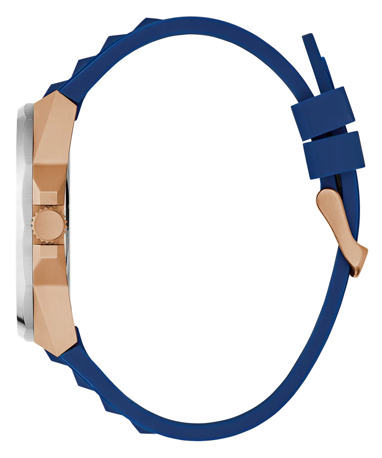 GUESS GW0799G2 watch side profile showing rose gold case and blue silicone strap