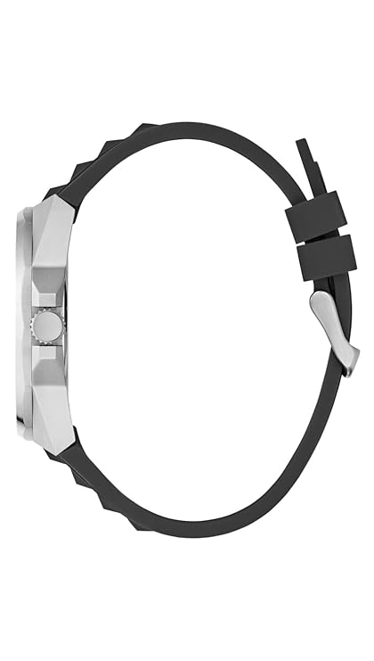 GUESS GW0799G3 watch side profile showing black rubber strap and chrome case