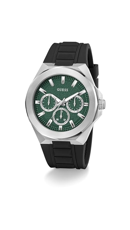 GUESS GW0799G3 men's watch with green chronograph dial and black rubber strap side view