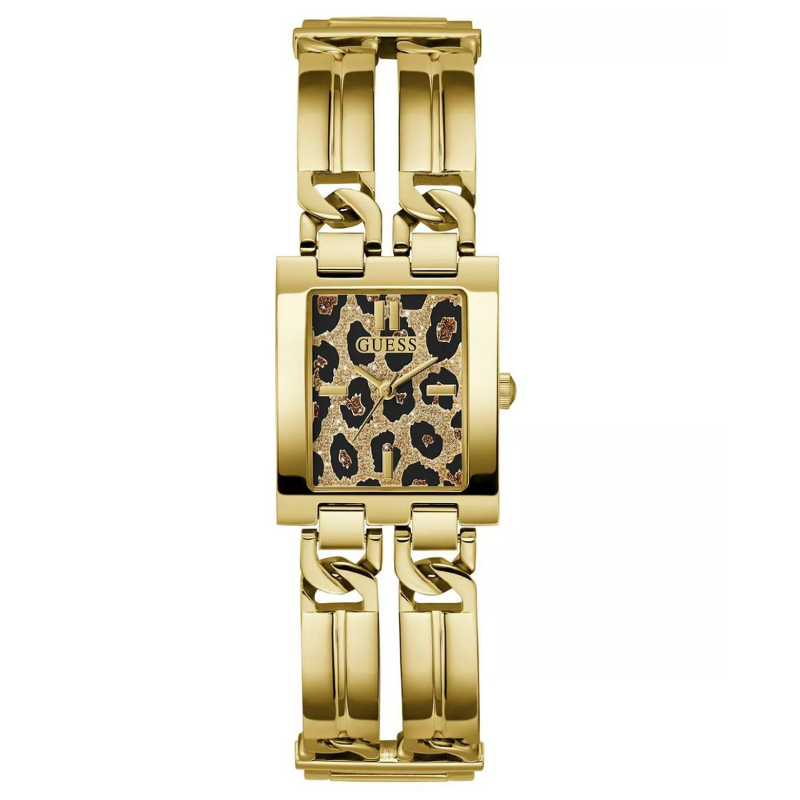 GUESS GW0807L2 gold tone ladies watch with leopard print rectangular dial