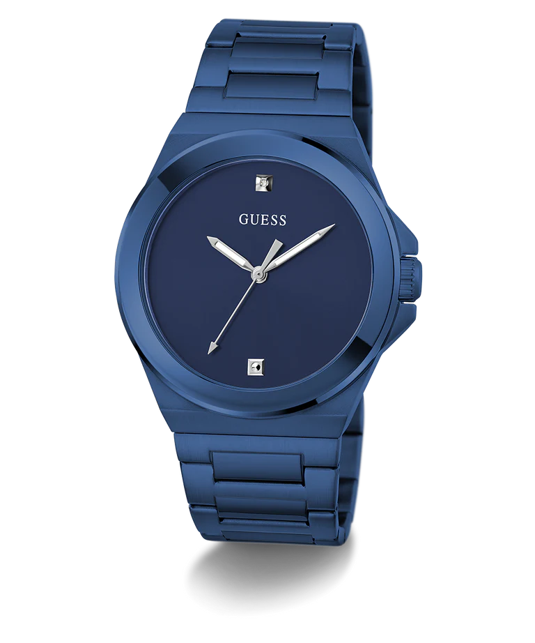 GUESS GW0833G1 blue watch shown at angle with metal bracelet and date window
