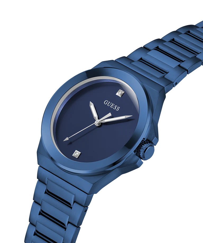GUESS GW0833G1 blue watch side view highlighting metal bracelet and case profile