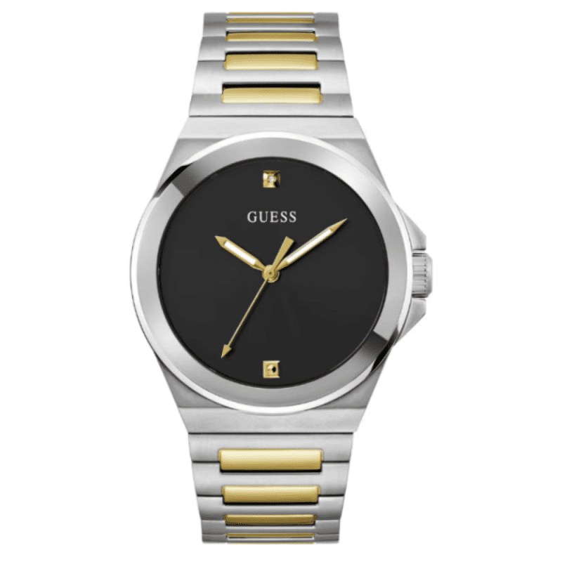 GUESS analog men's watch with black dial, gold-tone hands, two-tone stainless steel bracelet