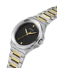 Side angle view of GUESS black dial watch with two-tone bracelet