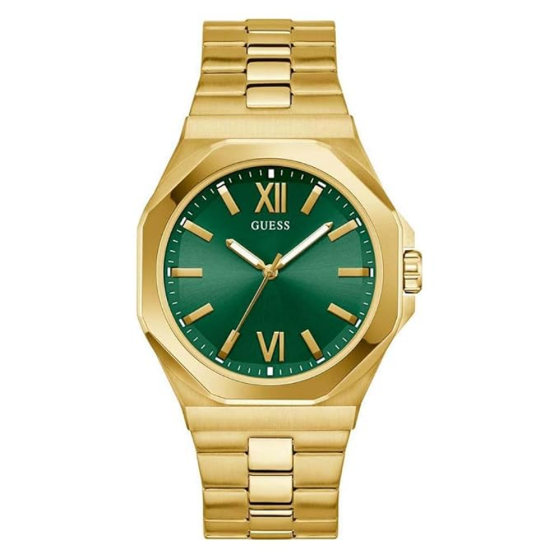 GUESS GW0849G2 gold tone watch with green dial and Roman numerals