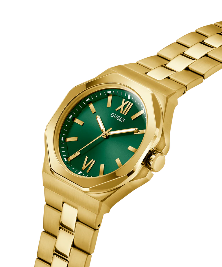 GUESS GW0849G2 watch shown at angle displaying gold link bracelet