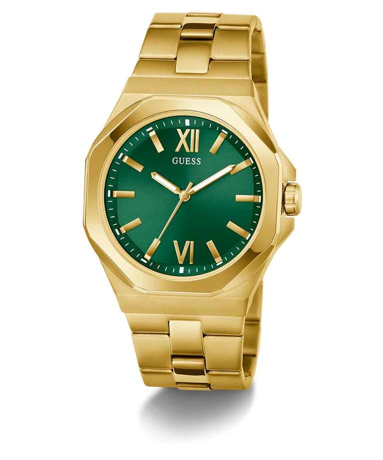 GUESS GW0849G2 men's watch with gold bracelet and green sunburst dial