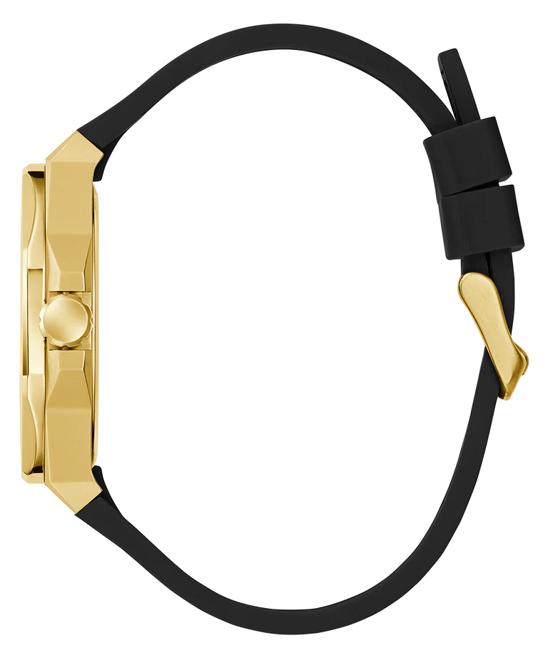 GUESS GW0850G2 side profile with gold-tone crown and black leather strap