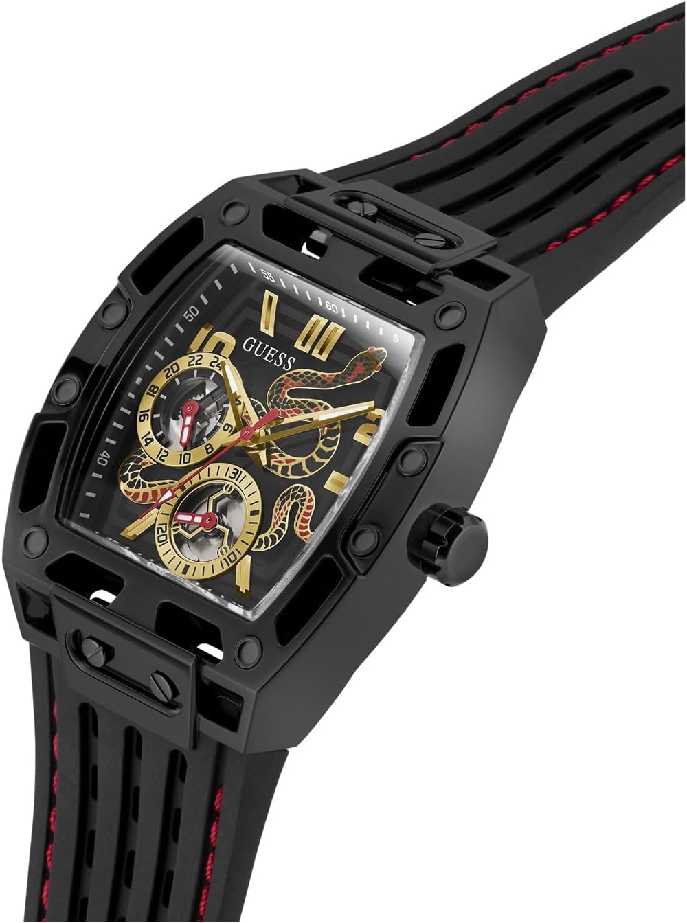 GUESS GW0857G1 angled view showing black case and multicolor dial