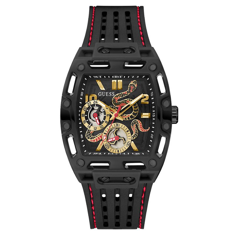 GUESS GW0857G1 black silicone watch with multicolor gold and red dial