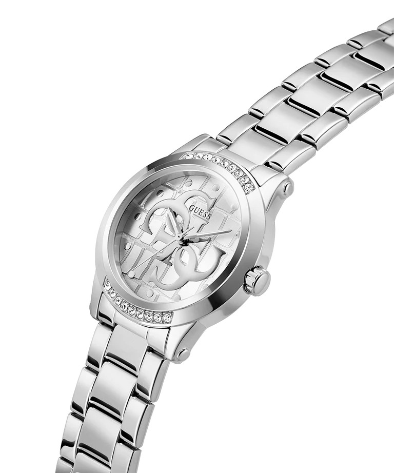 GUESS GW0861L1 watch angled view showing silver bracelet and bezel detail