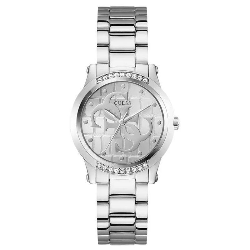 GUESS GW0861L1 silver tone ladies watch with crystal-adorned bezel and patterned dial
