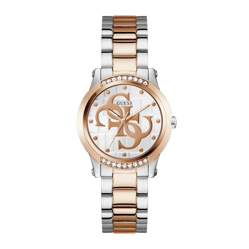 GUESS 2-tone ladies watch with white dial, rose gold logo design, crystal bezel, rose gold and silver bracelet