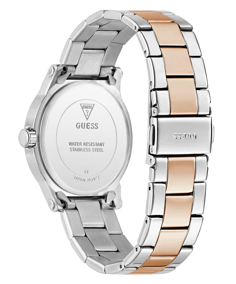 GUESS watch caseback showing stainless steel construction, water resistant marking, and bracelet clasp